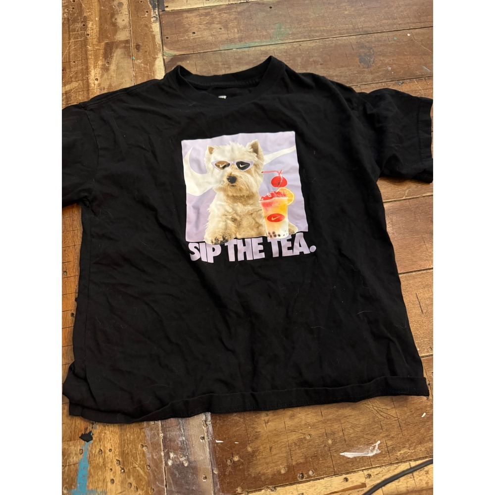 Nike Kids Sip The Tea Westie Dog Graphic T-Shirt Black Loose Fit Medium